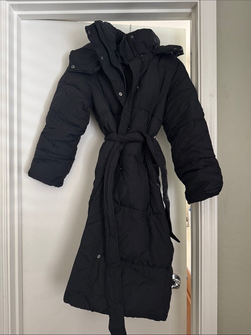 GAP Belted Black Long Hooded Puffer Coat
